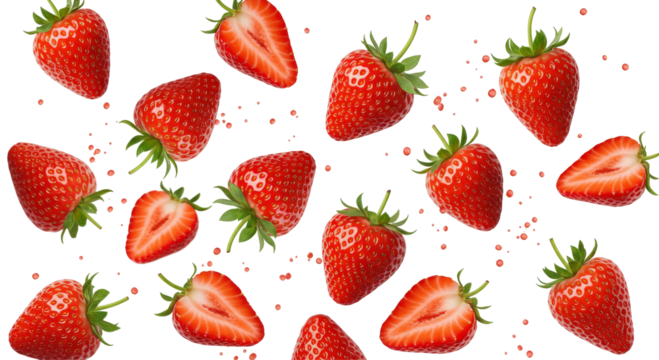 flying strawberries isolated on transparent background, cutout