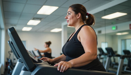 Fototapeta premium Plus-size woman exercising on a treadmill in a modern gym