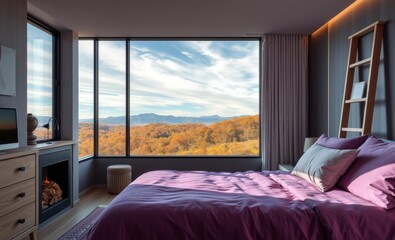 Bed with purple bedding and wooden ladder shelf fireplace scandinavian interior design of bedroom Japandi interior design interior design japandi style modern