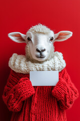 Sheep wears a cozy red sweater and holds a blank sign against a vibrant red background