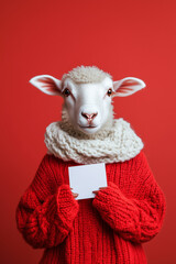 Sheep wearing a red sweater and scarf holds a blank card in front of a vibrant red background