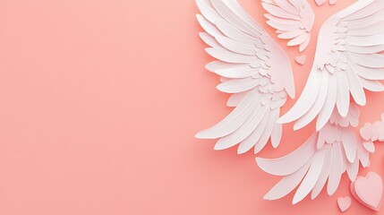 Fototapeta premium White paper wings and hearts on pink background