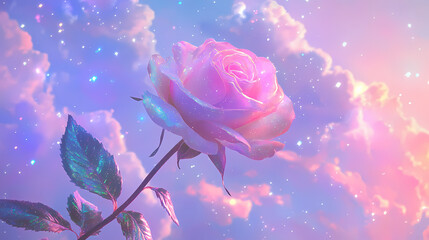Obraz premium Light pink rose infront of sky and stars with sparkles art wallpaper. light violet and light pink iridescence/opalescence colors. retro summer aesthetic. Opalescence. Illustration