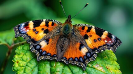 Obraz premium Colorful butterfly resting on a green leaf.