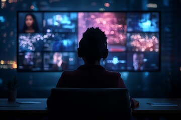 Futuristic conference call with holographic screens and diverse professionals, 