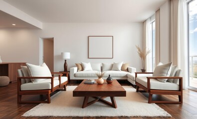 Modern minimalist living room, white brick walls, large windows, natural light, wooden furniture, mid-century modern style, cream sofa, armchairs, coffee table, potted plant, framed artwork, area rug,