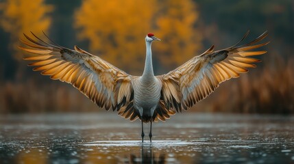 Sandhill crane with wings spread wide in shallow water.