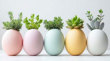 Colorful egg-shaped planters display various succulent plants in a modern setting with a minimalistic design