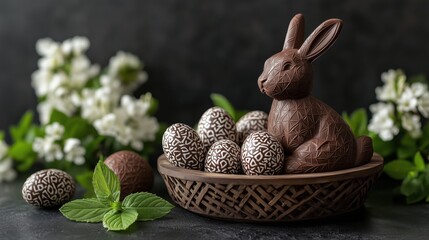Chocolate bunny and decorative eggs arranged in a basket with fresh greens and flowers in a spring setting