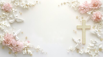 Angelic doves flowers and cross serene white background