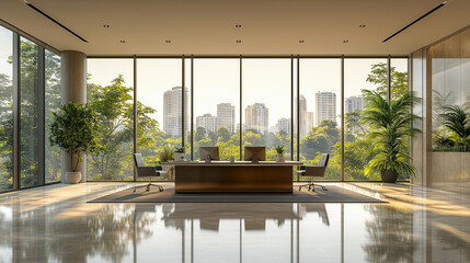 Fototapeta premium Modern office interior with a stunning city view and natural light during daylight hours