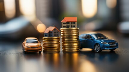 Conceptual representation of money, real estate, and automobiles symbolizing investment strategies
