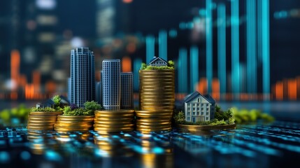 Modern cityscape with miniature buildings and coins symbolizing urban development and financial growth