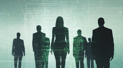 Silhouetted Figures in a Digital Matrix