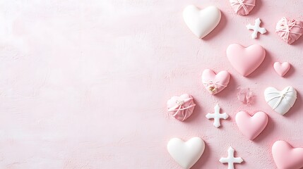 Fototapeta premium Pink and White Heart Shaped Cookies Arranged on Pink Background