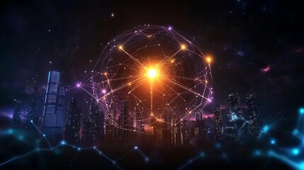 Neural networks deep learning prediction concept. Vibrant futuristic cityscape with glowing network connections and bright central light.