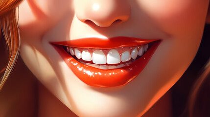 Obraz premium An attractive elegant and glamorous aristocratic woman with big smiling with natural opalescence teeth with beautiful deep honey eyes and full glossy lips. Opalescence. Illustration