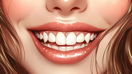 Fototapeta premium An attractive elegant and glamorous aristocratic woman with big smiling with natural opalescence teeth with beautiful deep honey eyes and full glossy lips. Opalescence. Illustration