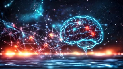 Neural networks deep learning prediction concept. Neon brain illustration with glowing connections in a cosmic background.