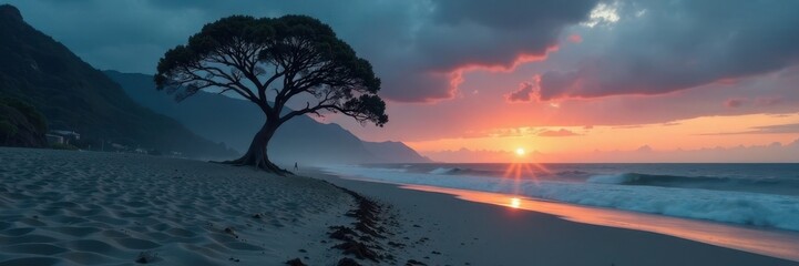 Fototapeta premium Dark mist rises from a solitary tree on a deserted beach at dusk, solitude, tree