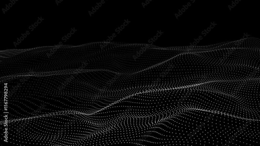 Aufkleber Dynamic wave with many dots. Abstract background of dots movement. Technology or science. 3D rendering. Seamless loop. 4K	