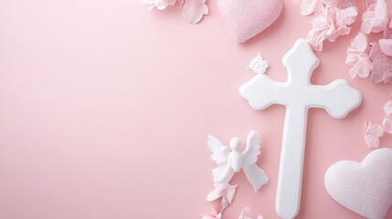 Pink Background With White Cross Angel Hearts Flowers