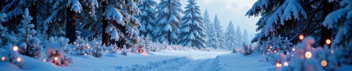 Fototapeta premium Frosty snow-covered forest landscape with twinkling lights and sparkling ice crystals , night sky, ice crystals