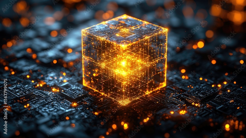 Poster glowing cube on a circuit board.