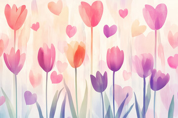 A watercolor-style pattern of tulips and hearts blending together on a soft gradient background