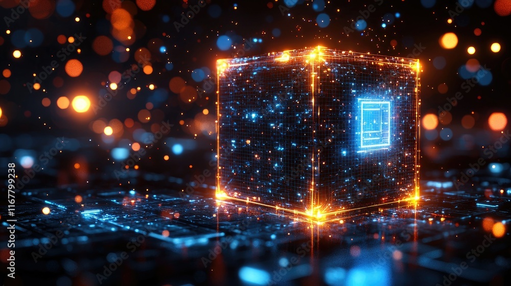 Poster glowing cube with digital particles on dark background.