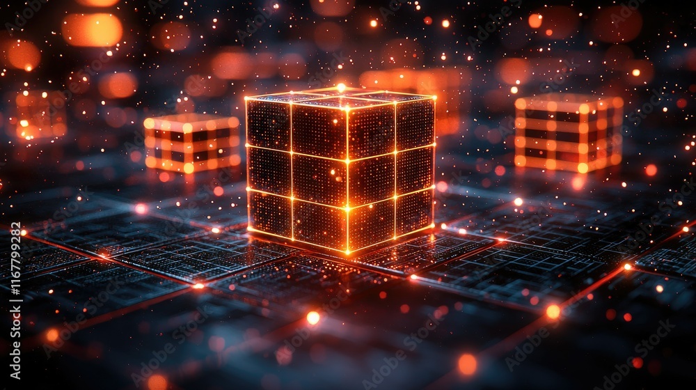 Poster glowing cube with grid lines on dark tech background.