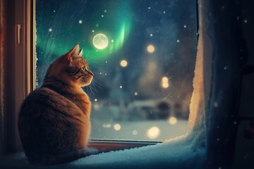 Cat sitting on snowy windowsill watching winter night scene with aurora borealis and full moon