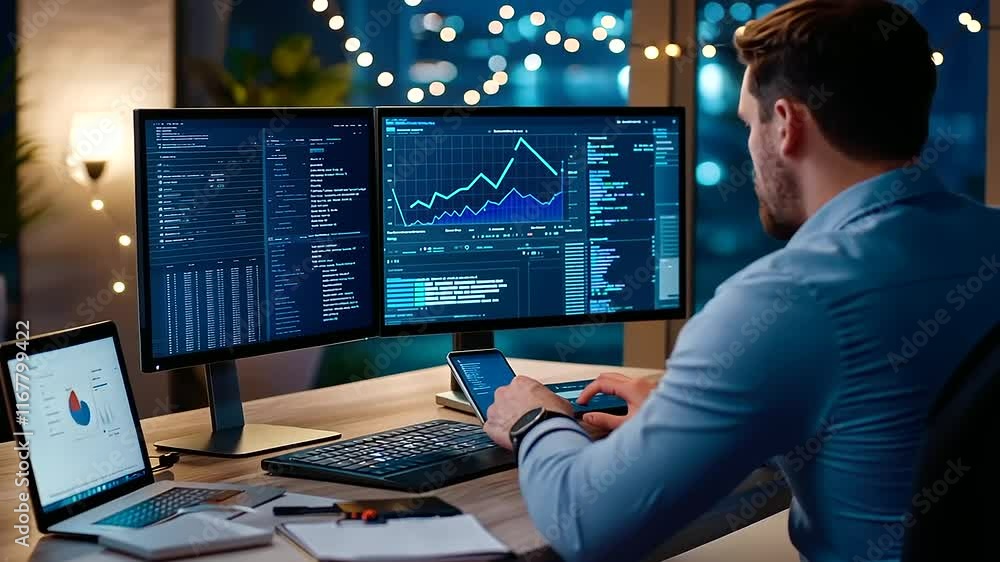 Poster focused professional analyzing data in modern workspace setup