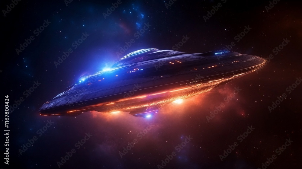Aufkleber futuristic spaceship hovering in space, illuminated by glowing lights.