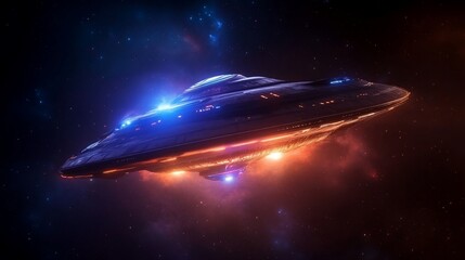 Obraz premium Futuristic spaceship hovering in space, illuminated by glowing lights.
