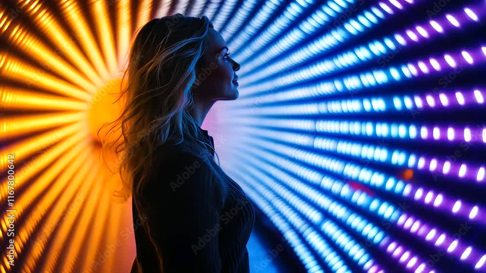 Poster futuristic light tunnel with neon patterns and reflective floor