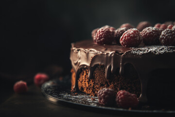 gourmet chocolate cake with raspberries and chocolate icing