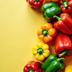 Vibrant bell peppers arranged in a triangular formation, vegetables, produce, table setting