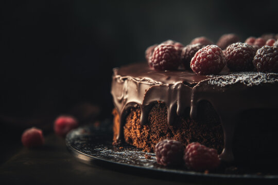 gourmet chocolate cake with raspberries and chocolate icing