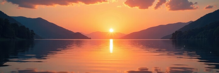 Naklejka premium Warm sunset over serene lake with gentle ripples and soft water reflections, warm yellow gold light, serene landscape