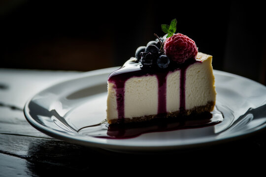 gourmet cheesecake with berries and chocolate sauce