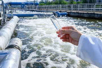 Scientist Testing Water Quality at Treatment Facility Holding Sample for Environmental Protection Concept
