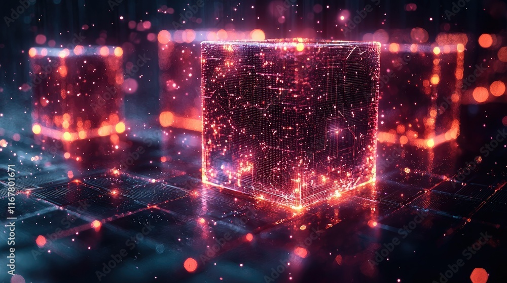 Poster glowing red cube with circuit board pattern, futuristic technology concept.