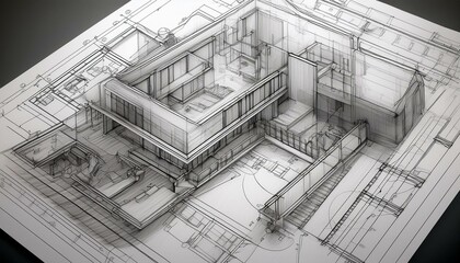 Architect rolls and architectural plan,technical project drawing. Generated image