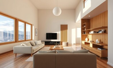 Fototapeta premium Modern interior japandi style design living room lighting and sunny scandinavian apartment with plaster and wood 3d render illustration Japandi interior design interior design japandi style modern