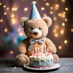 A Cuddly Toy, Teddybear,  holds  a birthday cake with candles