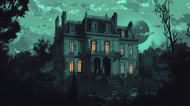 Sinister mansion with moonlight and ghosts, flat design, side view, cursed theme, cartoon drawing, colored pastel. Moonshade. Illustration