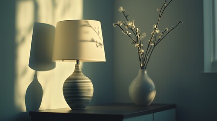 View a modern Scandinavian interior with a lamp and a trendy vase. Emphasis on home staging and minimalism.
