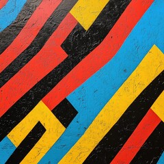 A colorful wall with black and yellow stripes