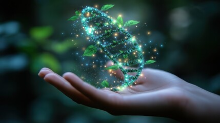 Hand holding a glowing, leaf-embedded DNA strand.